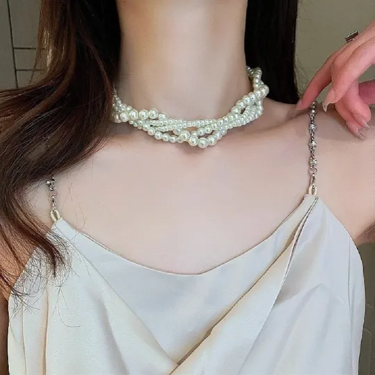 Sparkly Crystal Round Pearl Layered Necklace